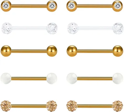 Imagen del producto de Varillas para piercing de lengua, calibre 14, juego de 5 pares, en color rosa dorado y azul, con circonitas, para piercings