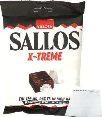 Produktbild von Sallos X Treme Hartkamellen mit Lakritz Salmiak Salz Füllung 1er Pack (1x150g Tüte) + usy Block