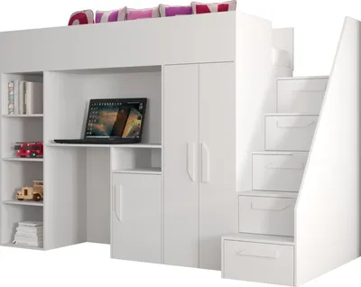 Produktbild von Etagenbett für Kinder Party 14 Stockbett mit Treppe und Bettkasten (Weiß + Weiß Glanz + weiße Griffe)