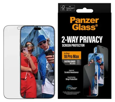 Produktbild von PanzerGlass ® 2-Way Privacy Displayschutz iPhone 18 Pro Max | Ultra-Wide Fit m. EasyAligner, Apple - iPhone 18 Pro Max, Trockene Anwendung, Kratzresistent, Schockresistent, Transparent, 1 Stück(e)