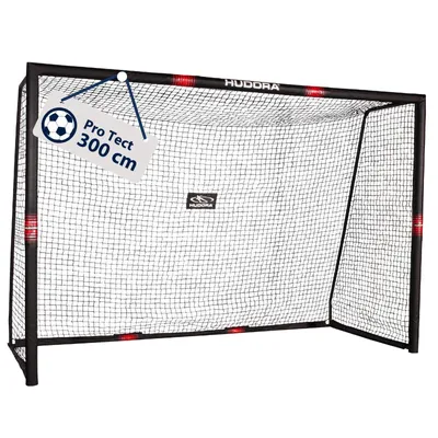 A black soccer goal with a net, shown from the front.