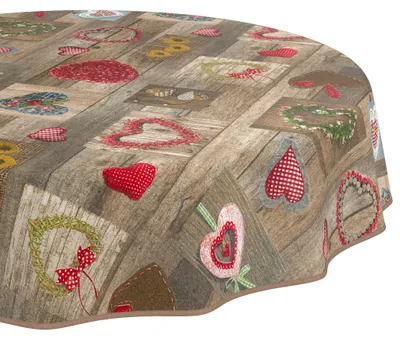 Produktbild von Tischdecke 120x120cm Rund Braun abwaschbar Baumwolloptik Trachtenherzen Braun wetterfest mit Saumkante