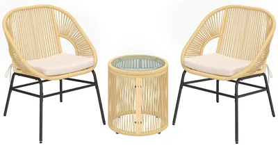 Immagine prodotto di Set 3 Pezzi da Pranzo Bistrò con 2 Sedie Tavolo Rotondo con Piano in Vetro Temperato in Rattan e Acciaio Beige