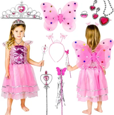 A collage of a child wearing a princess costume and various fairy/princess accessories.
