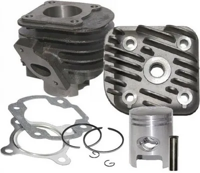 A set of engine parts, including a cylinder, cylinder head, piston, and gaskets, arranged on a white background.