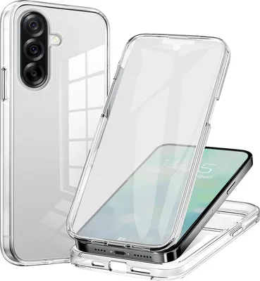 A clear phone case is shown in two configurations, one on a phone and one disassembled.