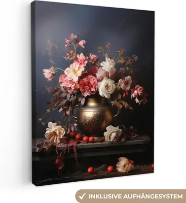 Produktbild von MuchoWow® - Leinwandbilder - Stilleben - Blumen - Rosen - Blumenstrauß - Vase, Wandbild, Wanddeko Bilder Wohnzimmer, 90x120 cm