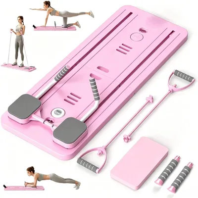Zdjęcie produktu dla Pilates: platforma treningowa – reformer i deska do ćwiczeń równowagi – podwójne koło do treningu brzucha i mięśni głębokich – deska do pompek. Idealna do treningu całego ciała. Kolor: różowy