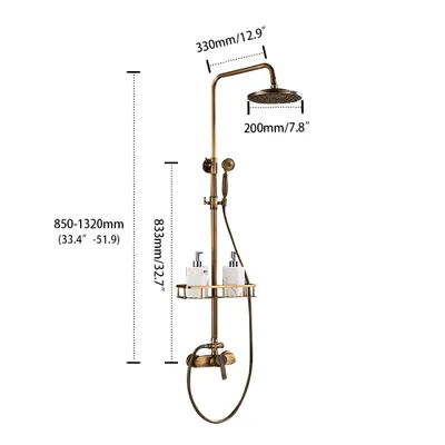 A vintage-style shower fixture with dimensions indicated.