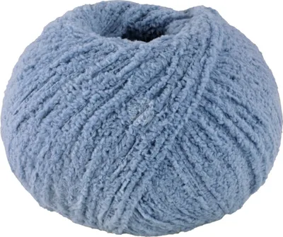 A ball of blue yarn on a white background.