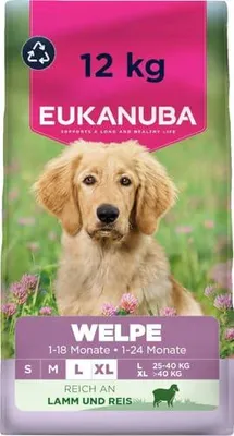 Produktbild von Eukanuba Welpenfutter mit Lamm und Reis für große Rassen - Premium Trockenfutter für Junior Hunde, 12 kg