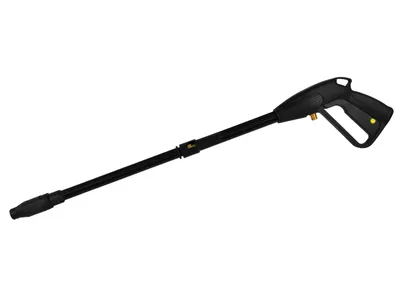 A black pressure washer lance with a yellow trigger and connector, isolated on a white background.