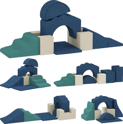 Multiple arrangements of soft play blocks.