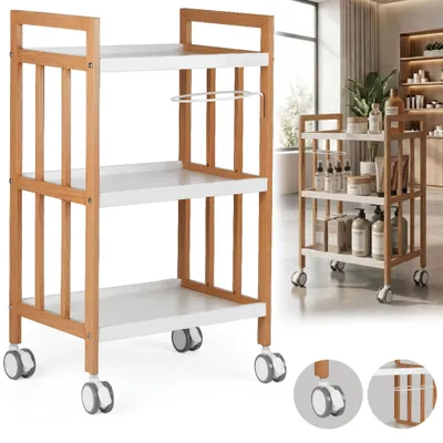 Image de Aide cosmétique coiffeur pour salon, chariot universel avec trois étagères sur roulettes.