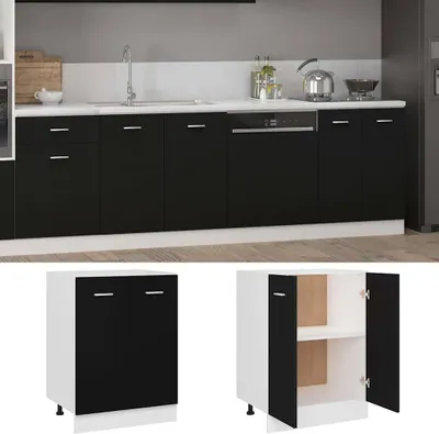 A modern kitchen with black cabinets and a white countertop, featuring a sink and dishwasher. Below are two separate images of a black and white cabinet.