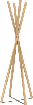 A wooden coat rack with a tripod base.
