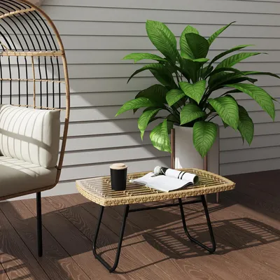 Produktbild von Gartentisch Polyrattan Glasplatte, Beistelltisch Outdoor, PE-Rattan Stahl, Naturholz | 90x50x45 cm | UV-beständig | Hartglas