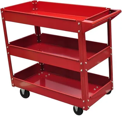 Produktbild von Werkstattwagen, 3 Böden, 100 kg Tragkraft, Stahlkonstruktion, schwenkbare Rollen für Garage und Werkstatt