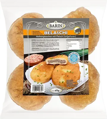 Produktbild von BARIN BELASCHI Hefeteigtaschen mit Fleisch 475g Tiefgefroren Handgefertigte Teigtaschen Goldbraun Gebraten mit Zartem Schweinehackfleisch + Zwiebeln