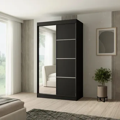 Image de BEAUTYSOFA PACO 120 cm armoire à portes coulissantes - armoire comprenant 2 portes coulissantes armoire avec miroir et tringle à vêtements, couleur : noir