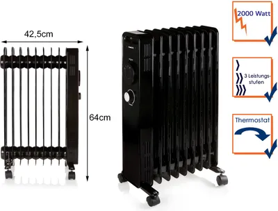 A black oil-filled radiator is shown from the front and side, with text overlays indicating its features.