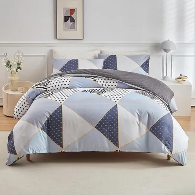 Immagine prodotto di Set di lenzuola 155x220 cm, 2 pezzi, blu e bianco, motivo geometrico, in microfibra, con cerniera