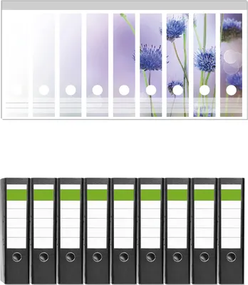 Produktbild von Wallario 9 Stück breite Ordner inkl. Klebeetiketten mit Motive Abstrakte lila Blume -  Set mit Rückenschildern / Ordnerrücken Stickern