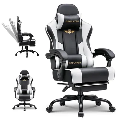 Produktbild von Gaming Stuhl - Ergonomischer Bürostuhl - Mit Fußstütze - Höhenverstellbar - Drehbar mit Rollen - Kunstleder - Kopfstütze und Lordosenstütze - Weiß