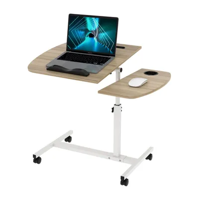 A mobile laptop table with a laptop, mouse, and cup holder.