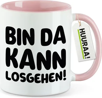 Produktbild von Huuraa Kaffeetasse Bin da  kann losgehen 330ml Rosa Keramik Kaffeebecher Geschenkidee