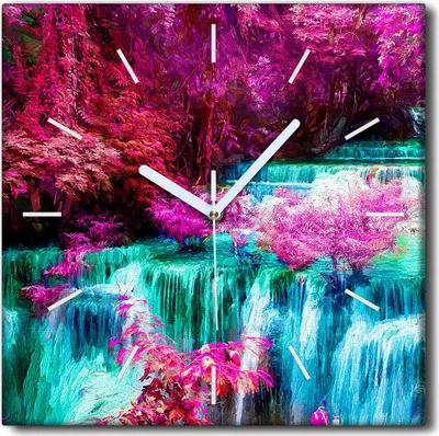 Produktbild von Coloray Uhr auf Leinwand 30x30 cm Wand Uhr Dekoration Wohnzimmer Segeltuch weiße Zeiger -Bäume Wasserfall Nature.