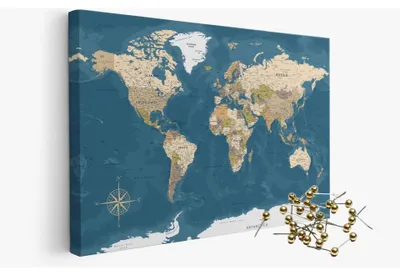 Produktbild von framed concept Weltkarte mit Pinnnadeln Handgefertigte Wanddekoration mit 50 goldenen Pins Einzigartige Geschenkidee