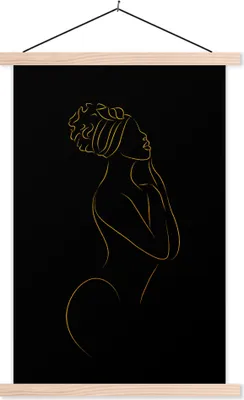 Produktbild von MuchoWow® Textilposter Frau - Gold - Schwarz - Strichzeichnung 40x60 cm mit holzfarbenen Rahmen - Poster