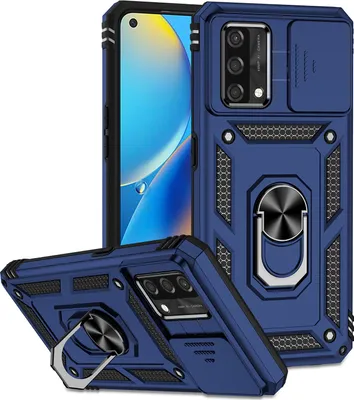 Produktbild von OPPO A74 4G / F19 Hülle mit Schiebe Kamera Schutz und Ringhalter Ständer Robust Rüstung Schutzhülle für OPPO A74 4G / F19 Blau