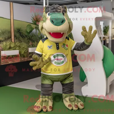 Produktbild von Olivgrünes REDBROKOLY Krokodil-Maskottchenkostüm mit Rugby-Shirt und Stirnbändern
