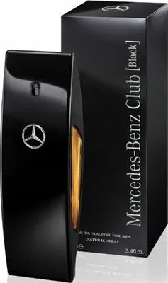 A black bottle of Mercedes-Benz Club Black Eau de Toilette for Men and its packaging.