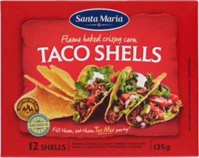 A box of Santa Maria Taco Shells with images of filled tacos.