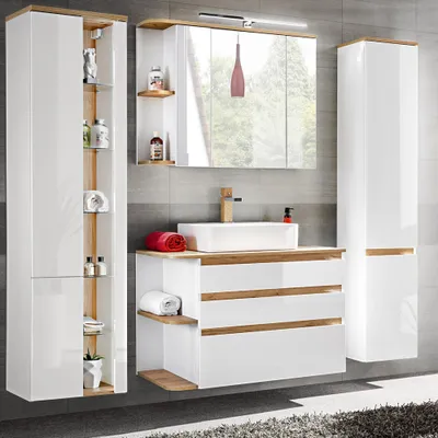 Produktbild von Badezimmermöbel Set mit Keramik-Waschtisch CAMPOS-56, Hochglanz weiß mit Wotaneiche, 2 Hochschränke B/H/T: ca. 204/200/50 cm