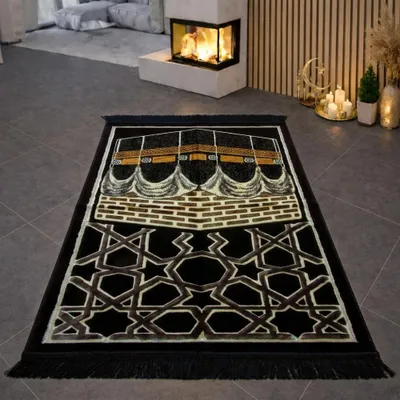 Zdjęcie produktu dla Dywanik modlitewny Kaaba Motif Black Gold 70 x 115 cm Rozmiar - 70 x 115 cm