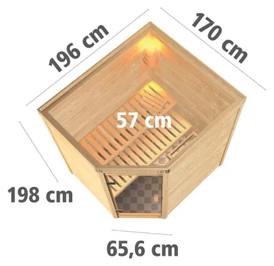 Produktbild von KARIBU Massivholzsauna Mila Fichte 38 mm für 1 2 Personen, Innensauna mit bronzierter Ganzglastür, 2 Liegen, Steck und Schraubsystem, Doppelnut und Feder, spiegelbarer Aufbau, Ofenschutzgitter