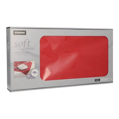 The image shows the packaging of a red tablecloth.