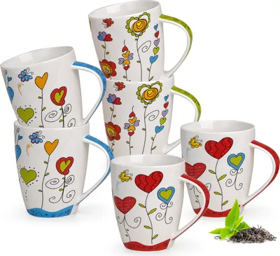 Produktbild von matches21 Tassen Becher Kaffeetassen Kaffeebecher Motiv buntes Herzdekor Blumen blau rot grün Porzellan 3-tlg. Set je 10cm / 300ml