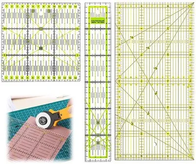 Immagine prodotto di Strumento di misurazione per patchwork in tre parti - Strumento di misurazione per tagli - Strumento di misurazione per tessuti - Linee per patchwork - Linee auto-traccianti - Linee trasparenti - Con indicatori angolari e graduazioni, strumento di misurazione per quilt per progetti di cucito - Strumento di misurazione - 5*