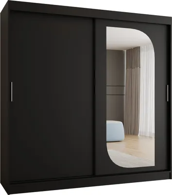 Produktbild von MEBLE KRYSPOL LUCY 200 Kleiderschrank mit zwei Schiebetüren für Schlafzimmer – moderner Aufbewahrungsschrank mit Kleiderstange und Regalen – 200x200x62cm - Mattschwarz