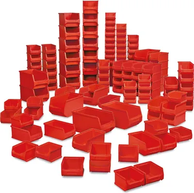 Produktbild von Sichtlagerkästen PROFI, 100 Sichtboxen in Industriequalität, Farbe rot, 55x Größe LB6, 35x Größe LB5, 10x Größe LB4