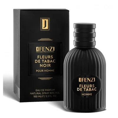 A black perfume bottle and its packaging are displayed against a white background.