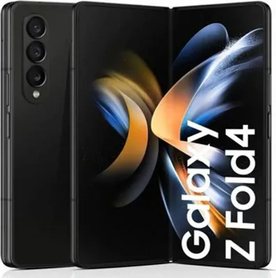 A black Samsung Galaxy Z Fold4 smartphone is shown in a folded state, displaying its large inner screen with abstract colorful graphics.
