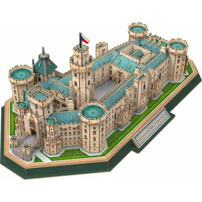A 3D puzzle model of a castle on a green base.
