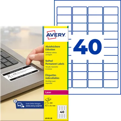 Produktbild von Avery Zweckform L6145-20, Abziehsichere Etiketten, A4, 45,7 x 25,4 mm, 800 Etiketten / 20 Bögen, weiß