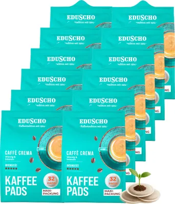 A stack of Eduscho Kaffeepads packaging arranged in a pyramid shape.